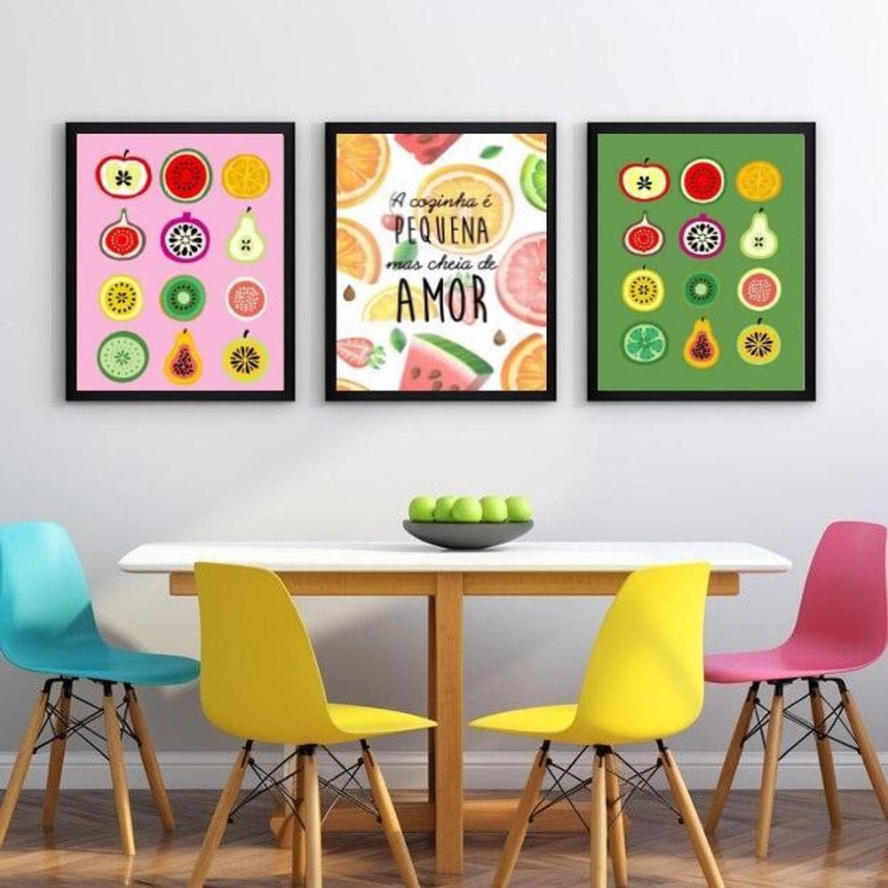 Kit 3 Quadros Cozinha Pequena - Frutinhas 24X18Cm - Vidro