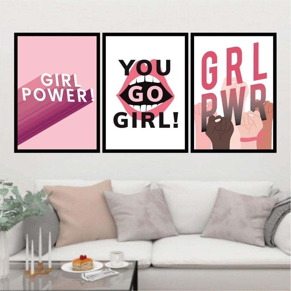 Kit 3 Quadros Trio Grl Power 60X40Cm Moldura Preta