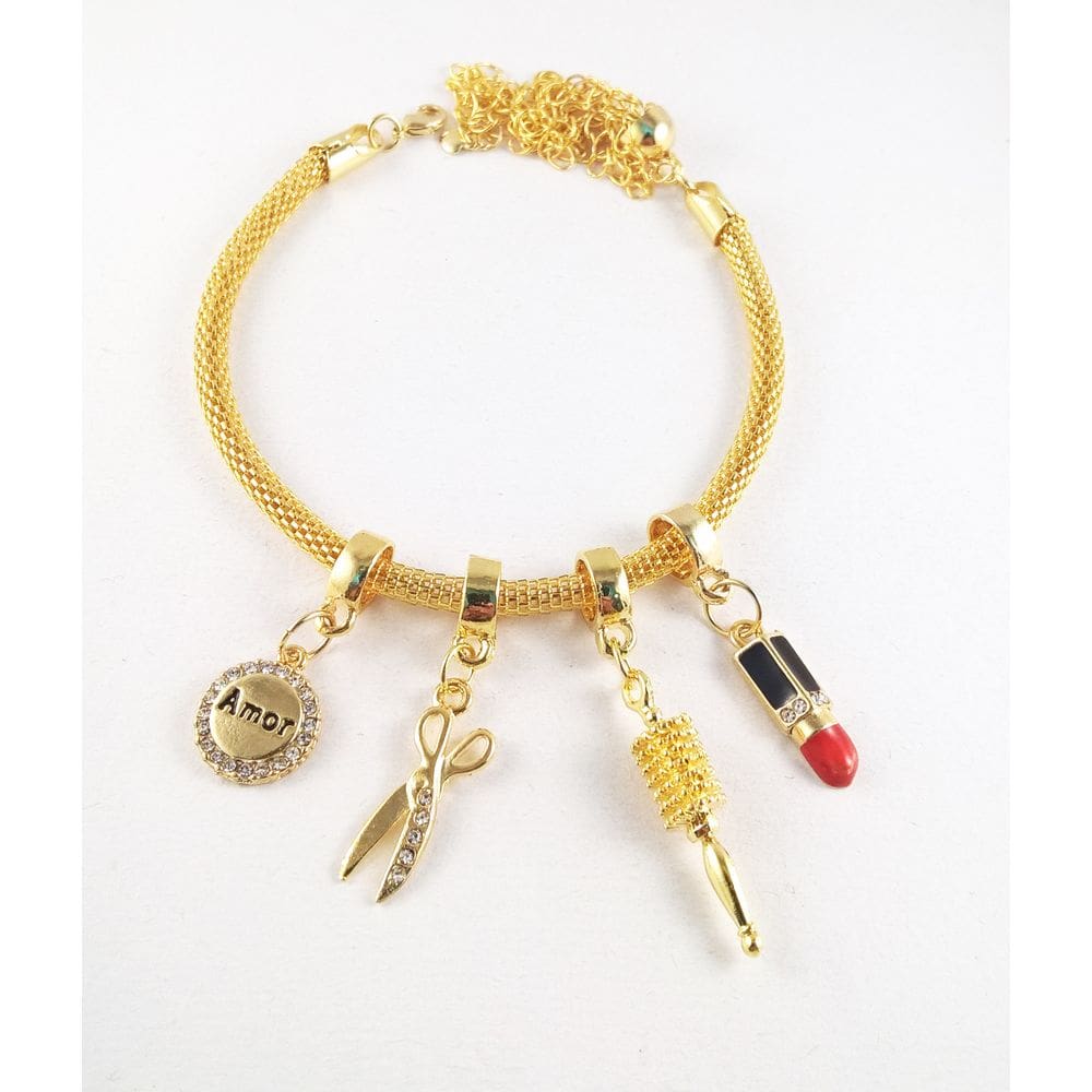 Pulseira Berloques Cabeleireira Batom Escova Folheado 18k
