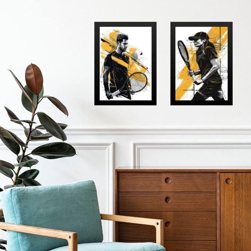 Kit 2 Quadros Gravuras Tenistas - Preto E Amarelo 45X34Cm