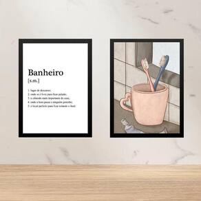 Kit 2 Quadros Banheiro Casal - Escovas Dente 33X24Cm - Vidro