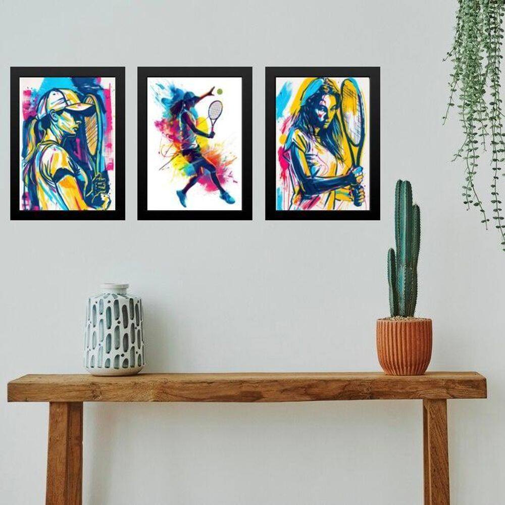 Kit 3 Quadros Gravuras Tenistas - Mulher 45X34Cm