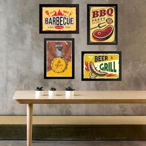 Kit 4 Quadros Placas Vintage Churrasco 45X34Cm - Com Vidro