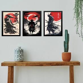 Kit 3 Quadros Gravuras Artes Samurais 24X18Cm - Com Vidro
