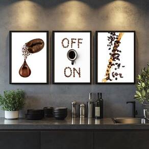 Kit 3 Quadros Café Grãos - On Off 24X18Cm - Com Vidro