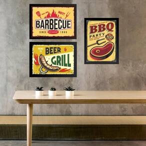 Kit 3 Quadros Placas Vintage Churrasco 45X34Cm - Com Vidro