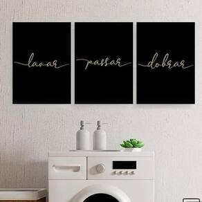 Kit 3 Quadros Lavar Passar Dobrar 33X24 Vidro Madeira Preta