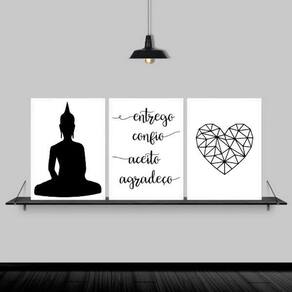 Kit 3 Quadros Buda Mantra Coração 33X24Cm Moldura Branca