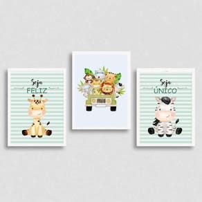 Kit 3 Quadros Safari Infantil 45x34cm - Vidro Branca