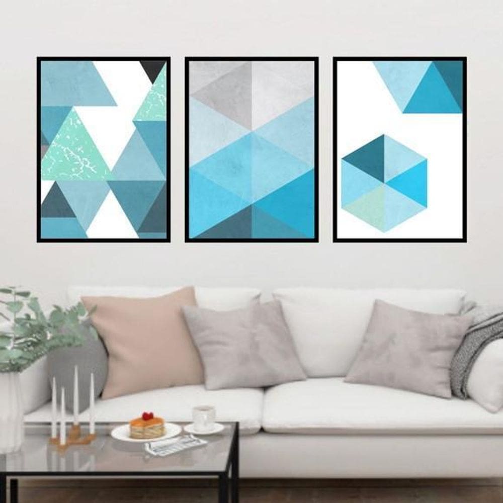 Kit 3 Quadros Geométrico Azul 60X40Cm Moldura Preta