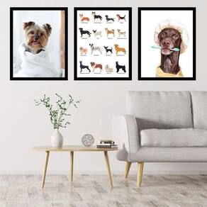 Kit 3 Quadros Cachorros - Pet Shop 33X24Cm - Com Vidro