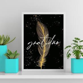 Quadro Pena Dourada Gratidão 45X34Cm Com Vidro - Branca