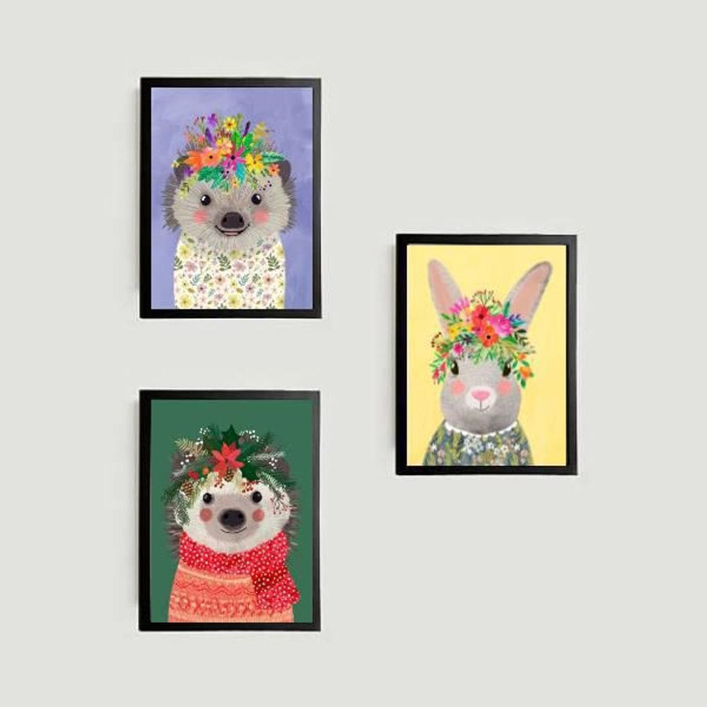 Kit 3 Quadros Bichinhos Com Coroa 24X18Cm