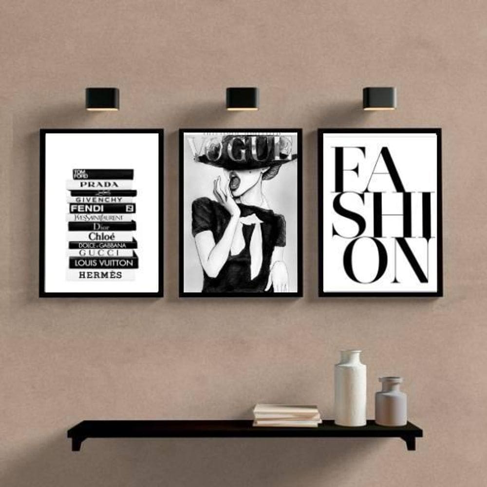 Kit 3 Quadros Fashion Preto E Branco 33X24 Com Vidro - Preta