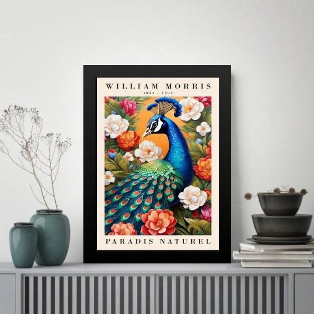 Quadro Arte Pavão - William Morris 24X18Cm - Com Vidro