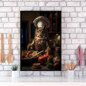 Quadro Para Cozinha Coruja Cozinheira 33X24Cm - Com Vidro
