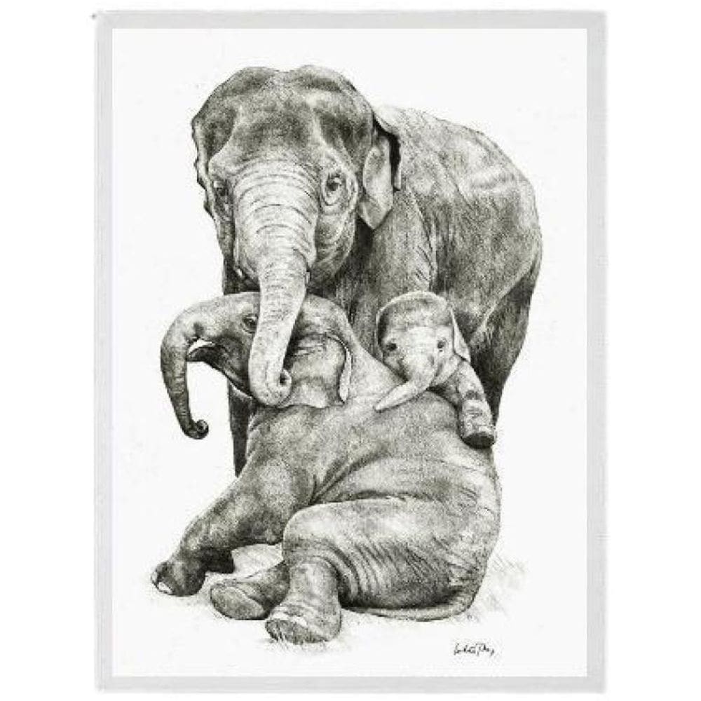 Quadro Decorativo Família Elefantes Moldura Branca 45X34Cm