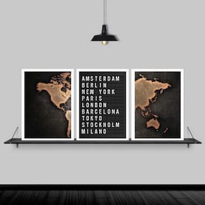 Kit 3 Quadros Mapa Placa De Aeroporto 45X34Cm Madeira Branca