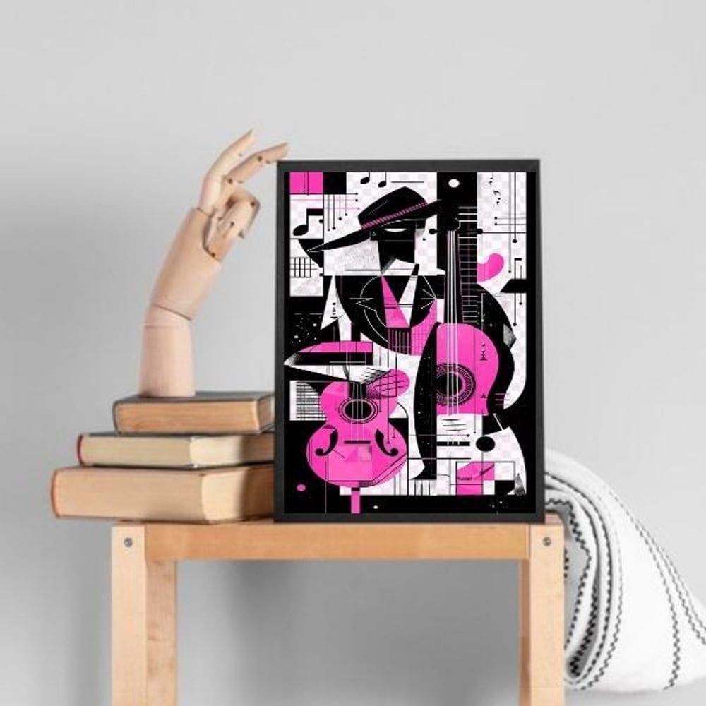 Quadro Abstrato Violão Rosa 24X18Cm - Com Vidro