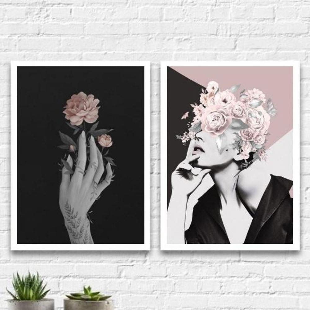Kit 2 Quadros Para Quarto Mulher Com Flores 45Cm Com Vidro