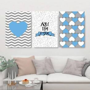 Kit 3 Quadros Aqui Tem Amor Azul E Cinza 60X40Cm Branca