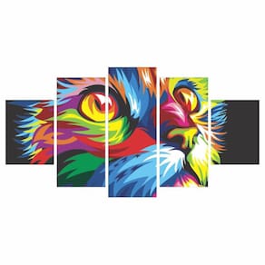 Kit 5 Quadros Decorativos Mosaico Mdf Gato Colorido 115X60Cm