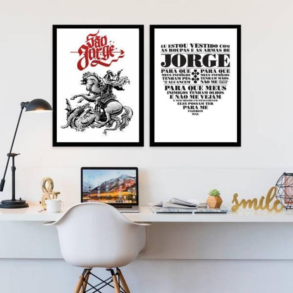 Kit 2 Quadros Decorativos São Jorge 33X24Cm Moldura Preta