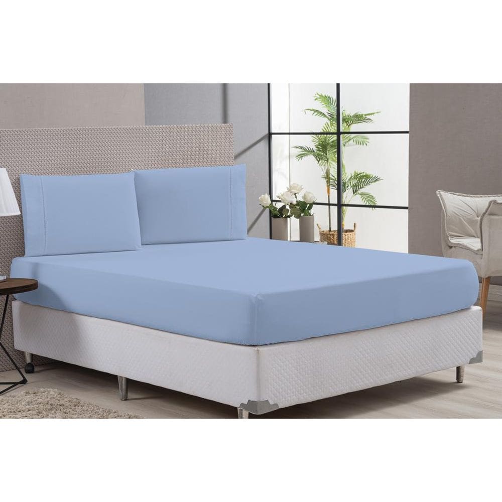 Lençol 180 Fios 80% Algodão Azul 3 Peças Casal Queen
