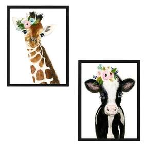 Quadro Decorativo Animais Girafinha Vaquinha 24X18Cm 2 Peças