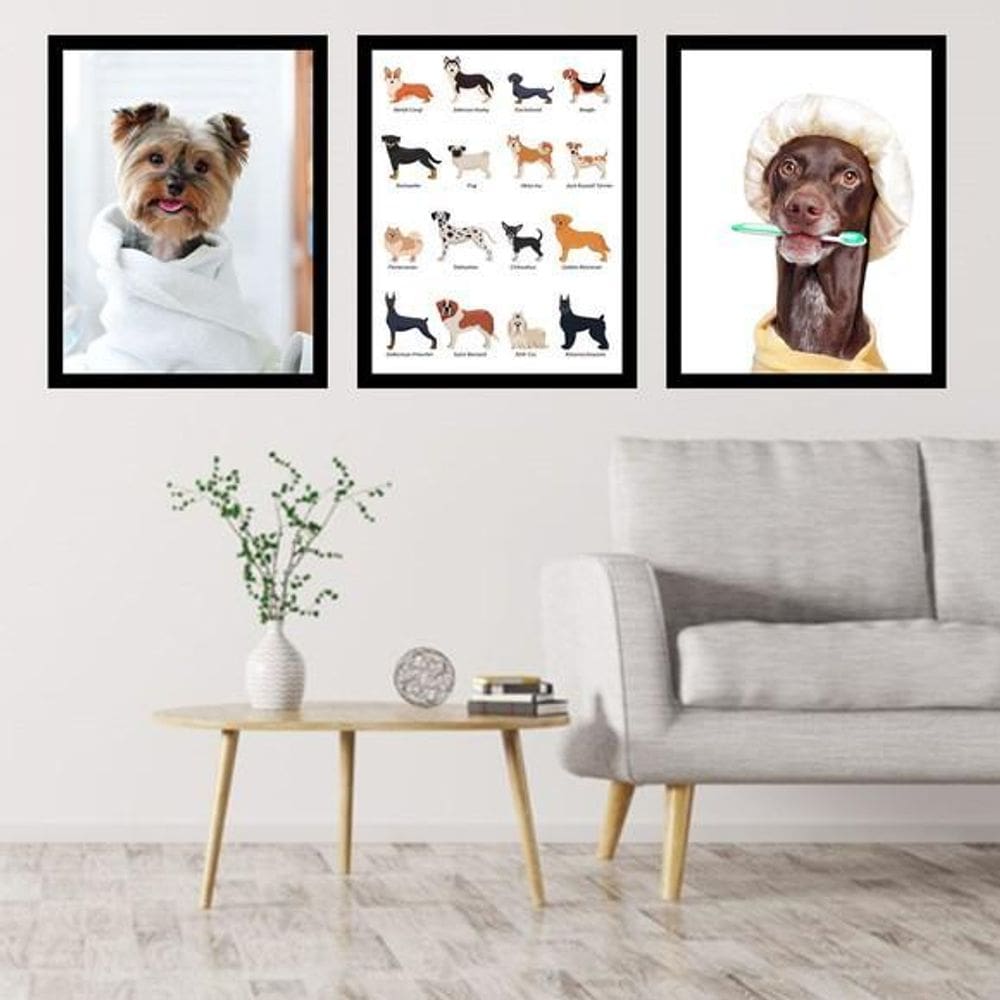 Kit 3 Quadros Cachorros - Pet Shop 60X40Cm Moldura Preta