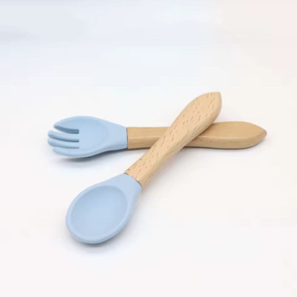 Kit Talheres Bambu Silicone Colher + Garfo Refeição Bebê Azul