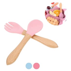 Kit Talheres Bambu Silicone Colher + Garfo Refeição Bebê Rosa