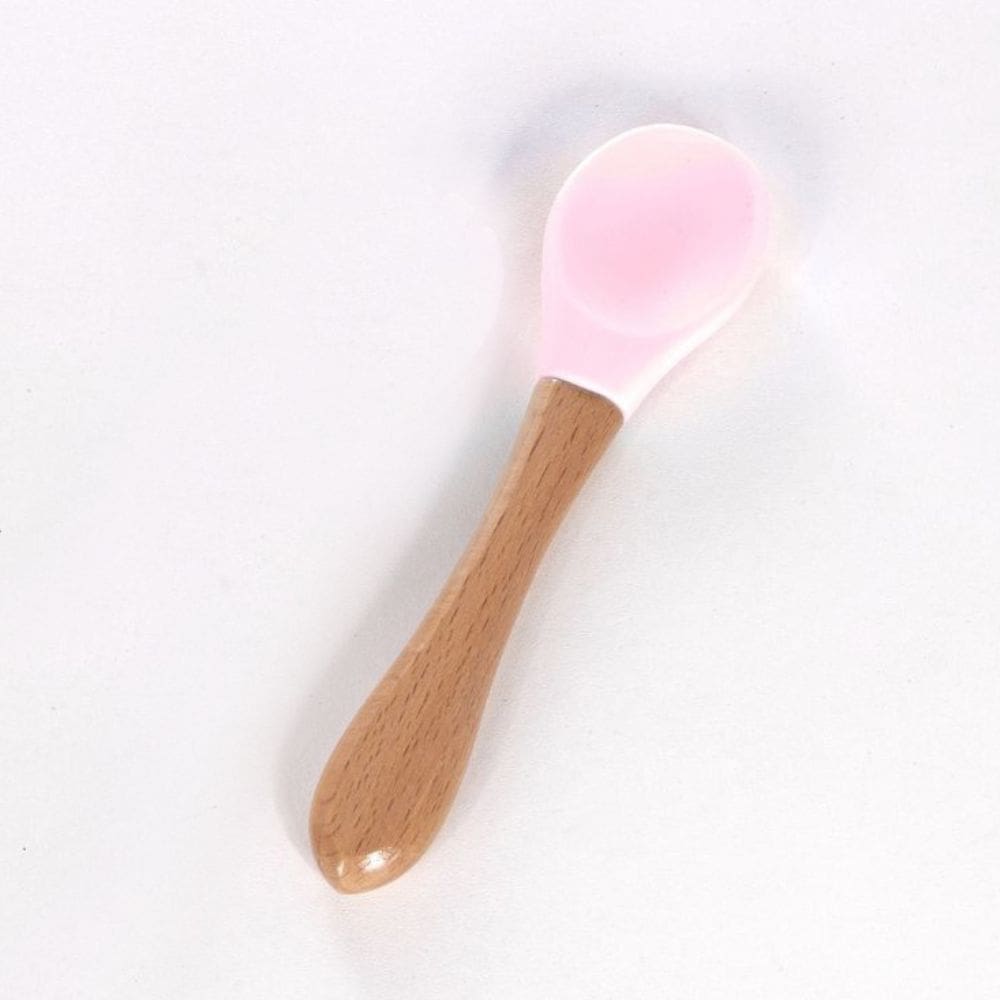 Colher Infantil De Silicone Cabo Em Bambu Refeição Bebê Rosa