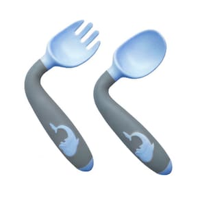 Kit Garfo E Colher Infantil De Silicone Flexível Refeição Azul