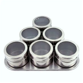 Porta Condimento Tempero Magnético Inox 6 Potes Com Imã