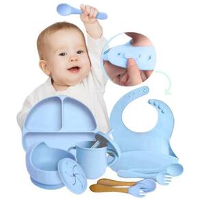 Kit Refeição Bebê Prato Babador Copo Talher Silicone 10 Pçs Azul