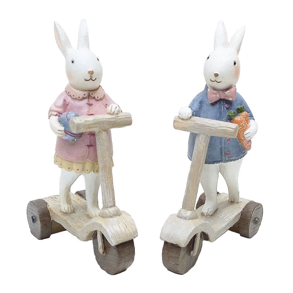 Escultura de Coelhos com Patinetes Decorativos 15cm 2Pçs