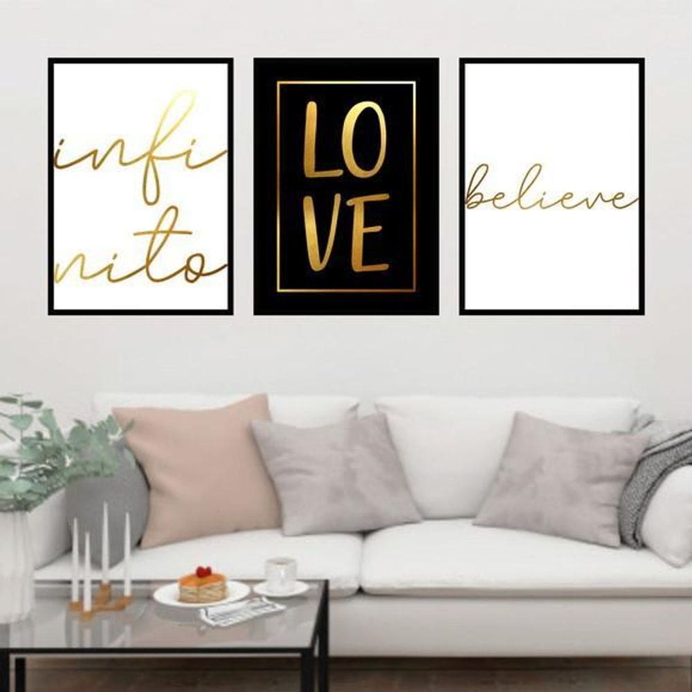 Kit 3 Quadros Infinito, Love, Believe 60X40Cm Moldura Preta