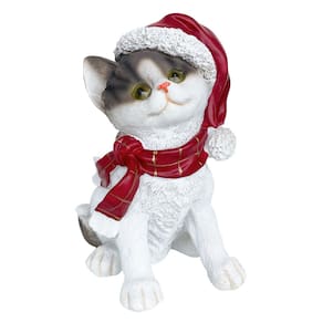 Escultura Gato Sentado com Gorro e Cachecol Natalino 21cm