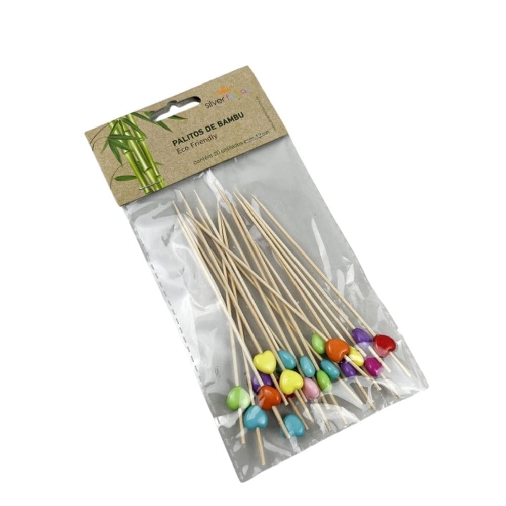 Palito De Bambu Coração Colorido Para Petiscos Silver 12cm 20un