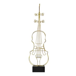 Escultura Violino Dour Pedestal em Metal Dourado 69x20cm