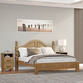 Conjunto Quarto: Cama Casal Queen Clássica, 2 Mesas de Cabeceiras 2 Gavetas Freijó Ouro Madeira Pinus - Finestra