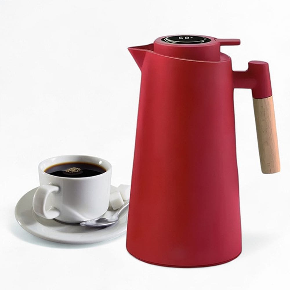Garrafa Térmica de 1L Vermelho com Indicador Digital de Temperatura Alça de Madeira para Chá e Café