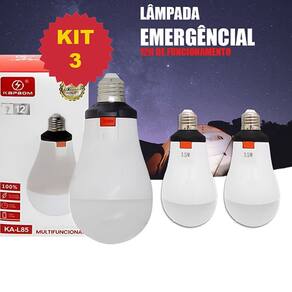 KIT 3 Lâmpadas Emergenciais LED Recarregáveis KA-L85 com 12h de Funcionamento e Bateria Econômica