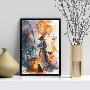 Quadro Decorativo Arte Bruxa Aquarela 33X24Cm - Com Vidro