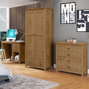 Conjunto Quarto: Guarda-Roupa 2 Portas, Escrivaninha, Cômoda 4 Gavetas Freijó Topázio Madeira Pinus - Finestra