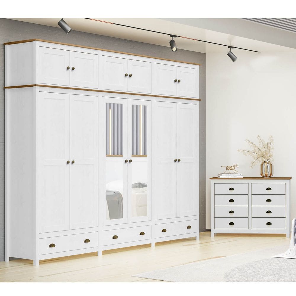 Conjunto Quarto: Guarda-Roupa 12 Portas, Cômoda 8 Gavetas Branco/Freijó Topázio Madeira Pinus - Finestra