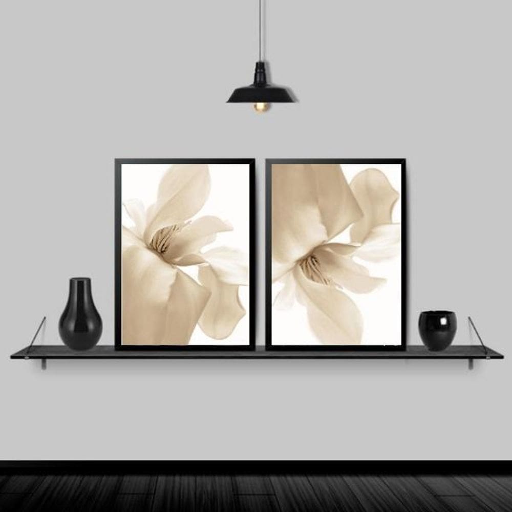 Kit 2 Quadros Modernos Flores Brancas 24X18 Com Vidro Preta