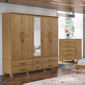 Conjunto Quarto: Guarda-Roupa 5 Portas, Cômoda Sapateira 5 Gavetas Freijó Ouro Madeira Pinus - Finestra