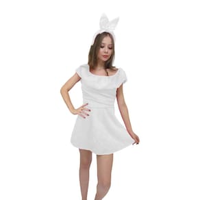 Fantasia Vestido Coelhinha da Páscoa Coelha Branca Adulto Pelúcia Feminina Carnaval Halloween Zumbi Terror